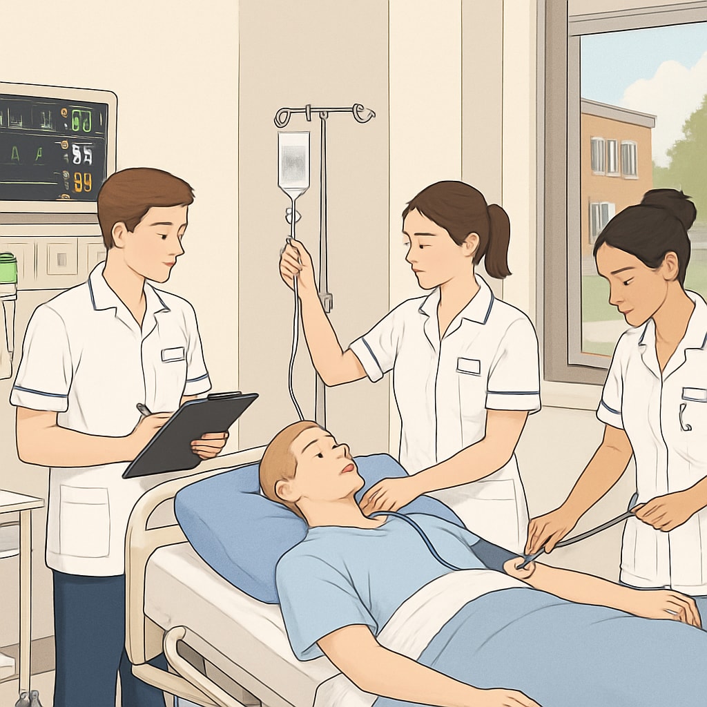 A university campus with nursing students participating in a clinical practice session. Nursing students in clinical practice on a university campus.