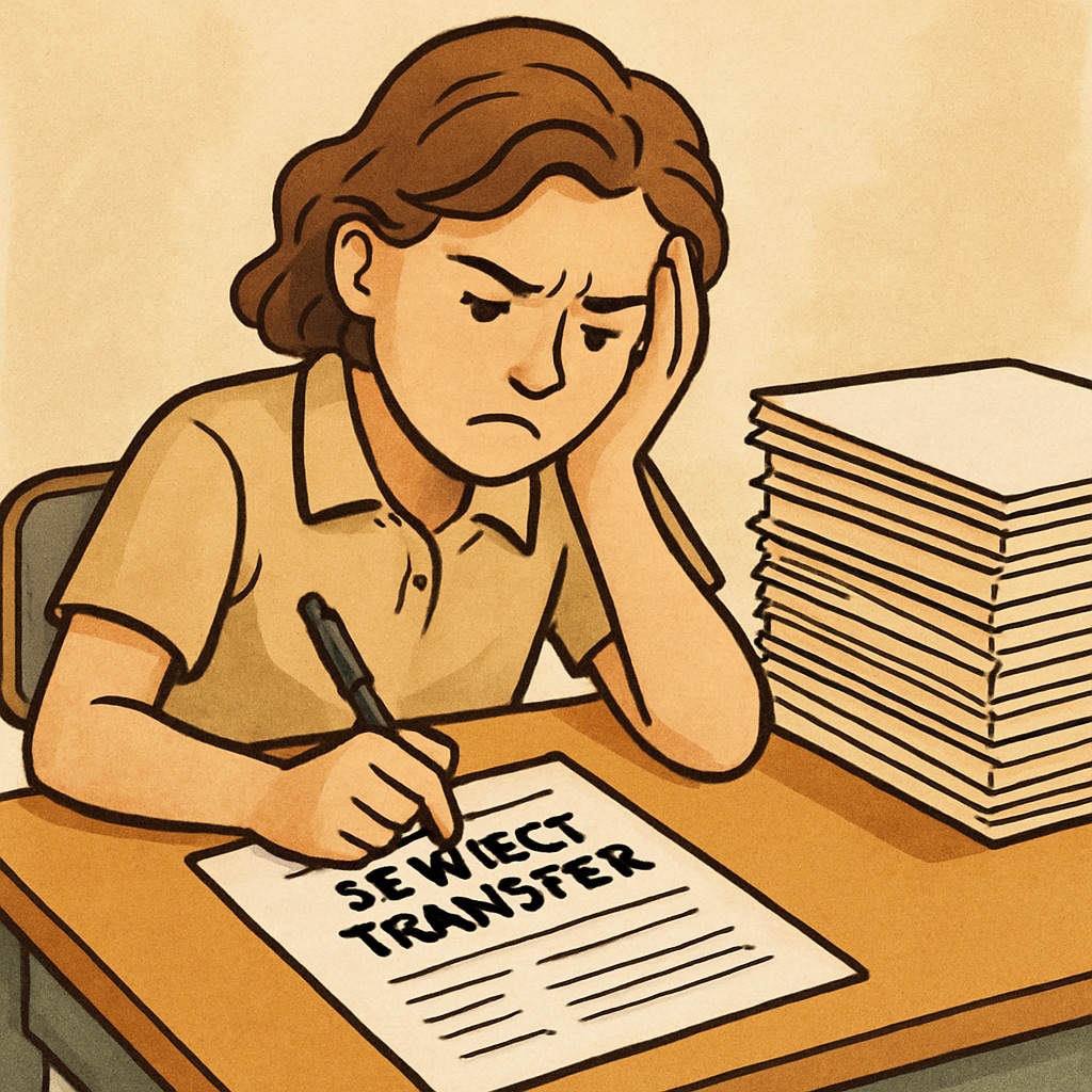 A student looking frustrated while filling out transfer paperwork, symbolizing the challenges of school district barriers. Frustrated student dealing with school transfer paperwork, representing school district barriers.