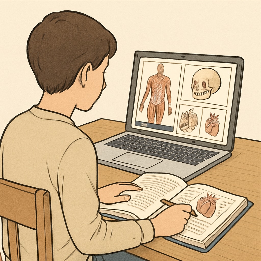 A student sitting at a desk, engaged in an online medical course with diagrams of the human body displayed on a laptop screen. A student exploring medical education through online courses.
