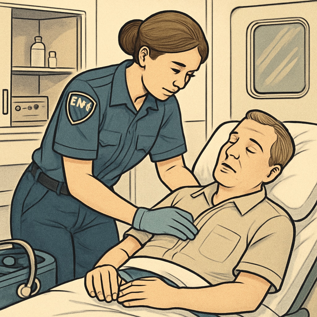 An EMT professional assisting a patient in an ambulance setting, symbolizing hands-on healthcare experience. EMT assisting a patient, showcasing practical experience for nursing applicants.