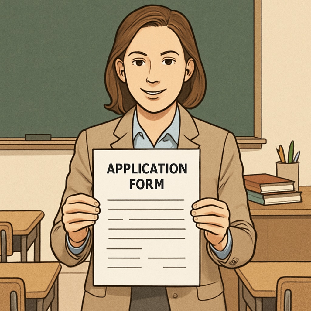 A teacher holding an application form in a classroom setting, symbolizing the teacher hiring process. Teacher hiring process with symbolic application form, related to political bias testing.