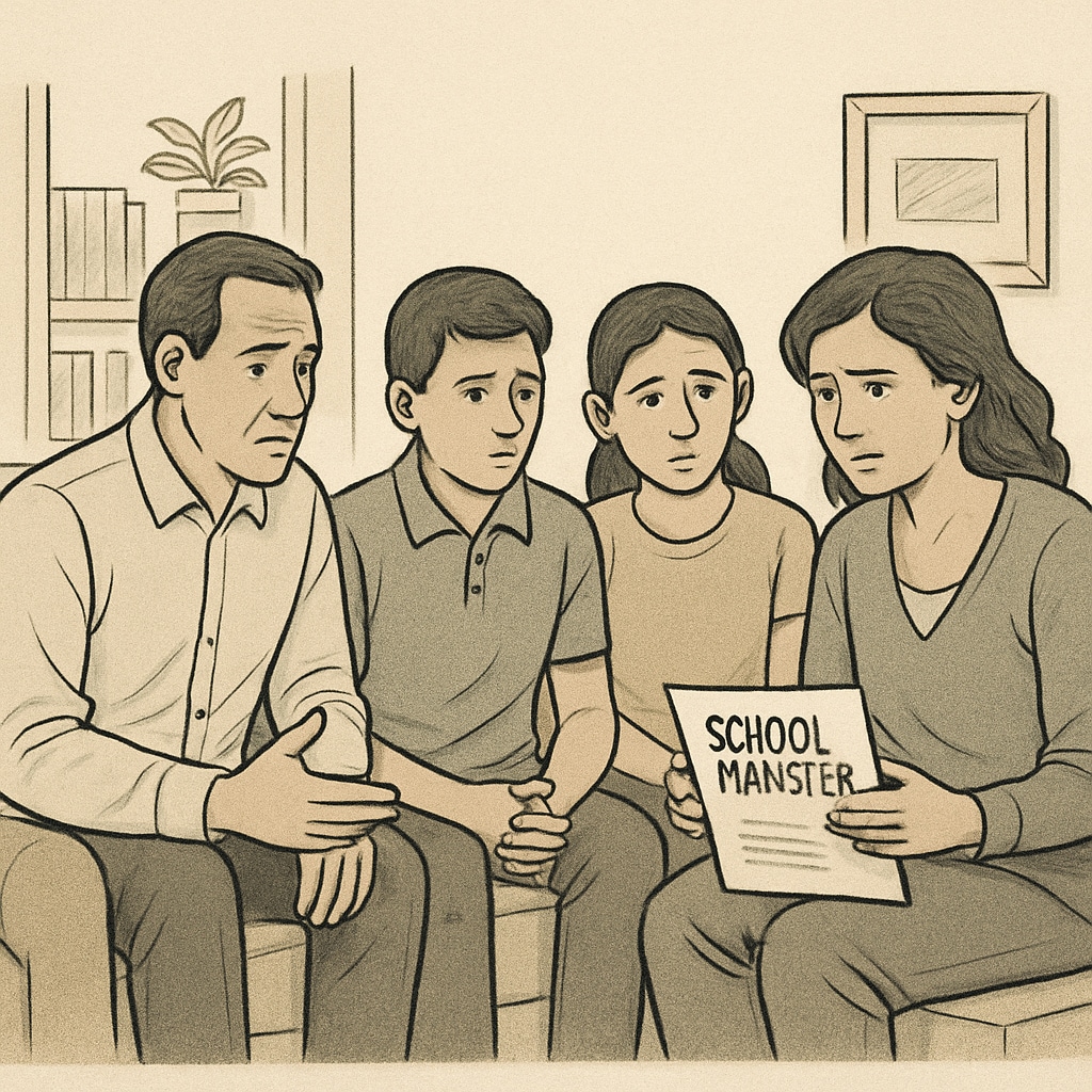 A family sitting together, discussing school transfer options, with visible concern on their faces. Concerned family discussing school transfer challenges, illustrating emotional impact.