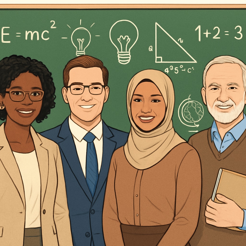 A group of diverse teachers standing in front of a chalkboard, representing inclusivity in education. Diverse group of teachers symbolizing inclusivity in education amidst political bias debates.