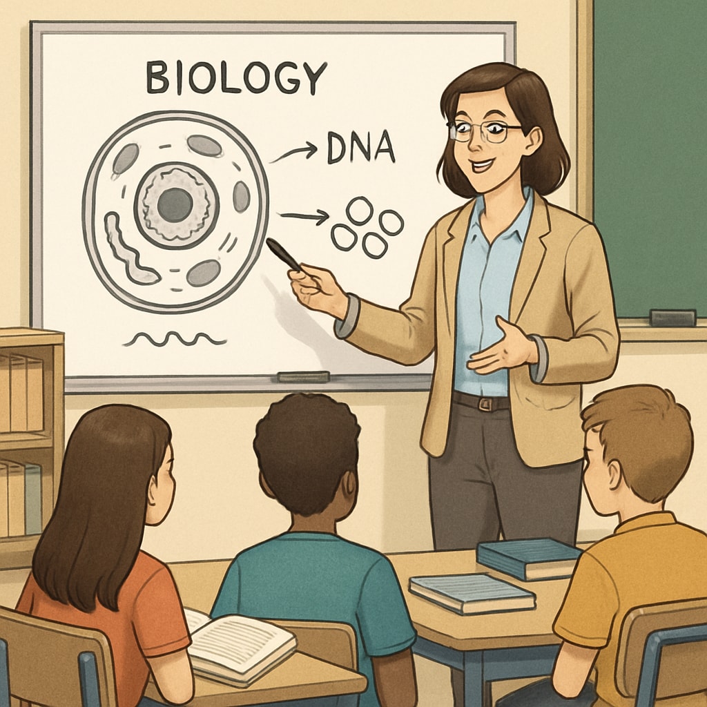 A teacher explaining biology to students, highlighting the transition from lab to classroom.