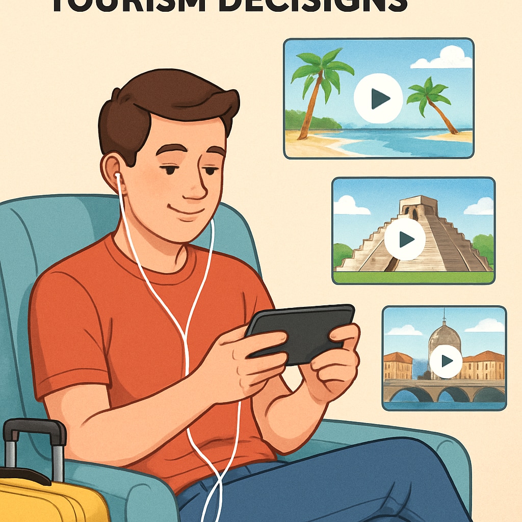 A vibrant image of a traveler watching short travel videos on a smartphone, illustrating how digital media influences tourism decisions. Traveler watching short travel videos on a smartphone