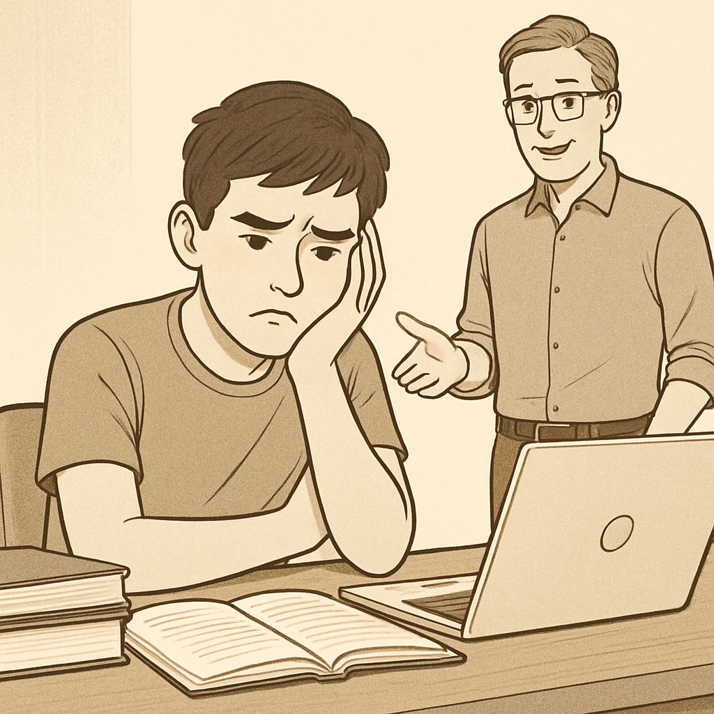 A teenager sitting at a desk with books and a laptop, appearing frustrated but with a parent encouraging them from a distance. Parent supporting a teenager with learning difficulties at a desk.