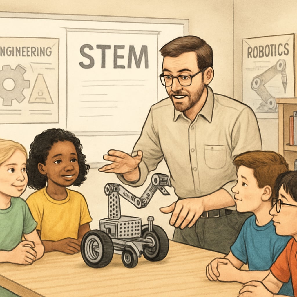 A teacher demonstrating STEM robotics to students in a classroom setting, showcasing the practical application of engineering in education. STEM teacher showing robotics to students, illustrating education and engineering dual degrees.