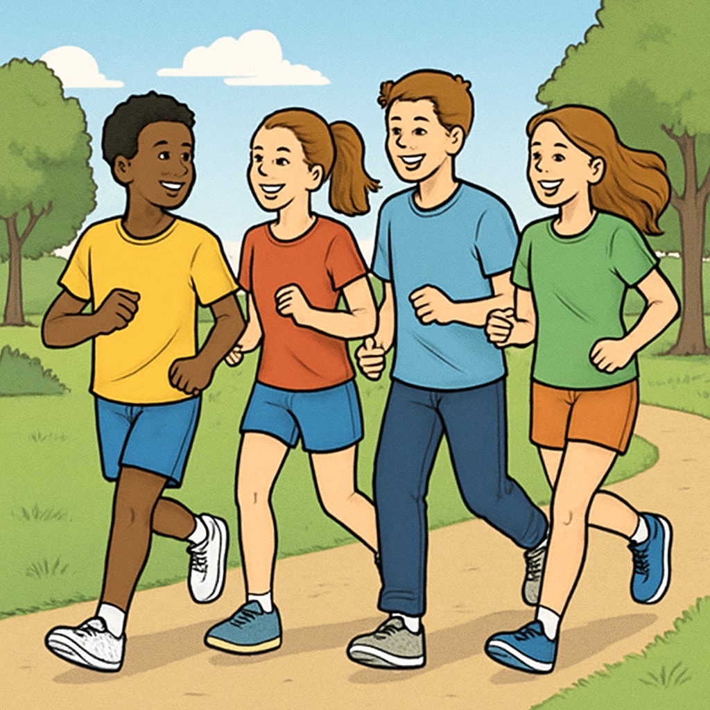 A group of teenagers jogging in a park, smiling and interacting positively. Teenagers engaging in physical activity to promote healthy habits and reduce stress.
