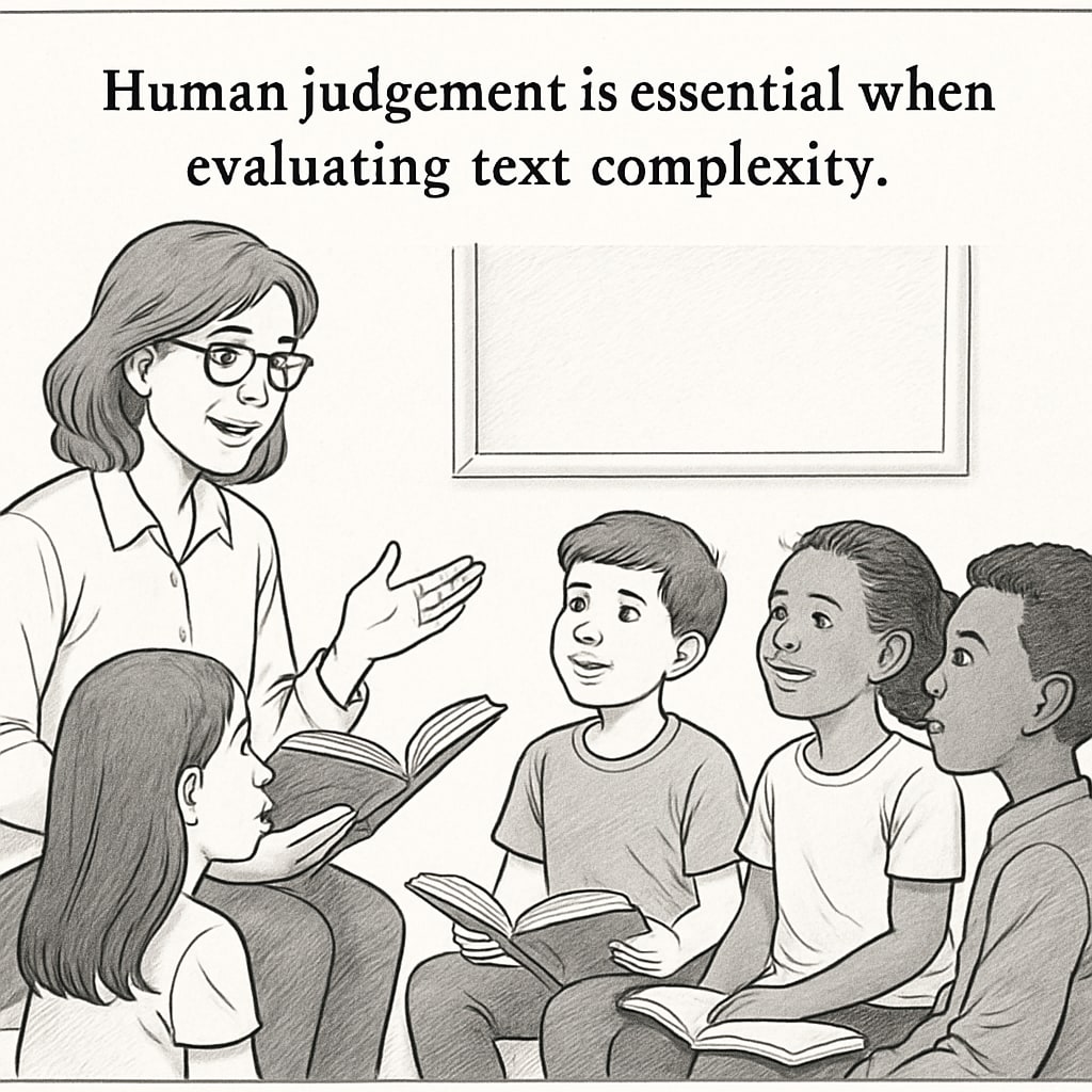 A teacher engaging with students during a reading session, illustrating the importance of human judgment in assessing text complexity. Teacher guiding students in a classroom reading activity, relevant to text complexity.