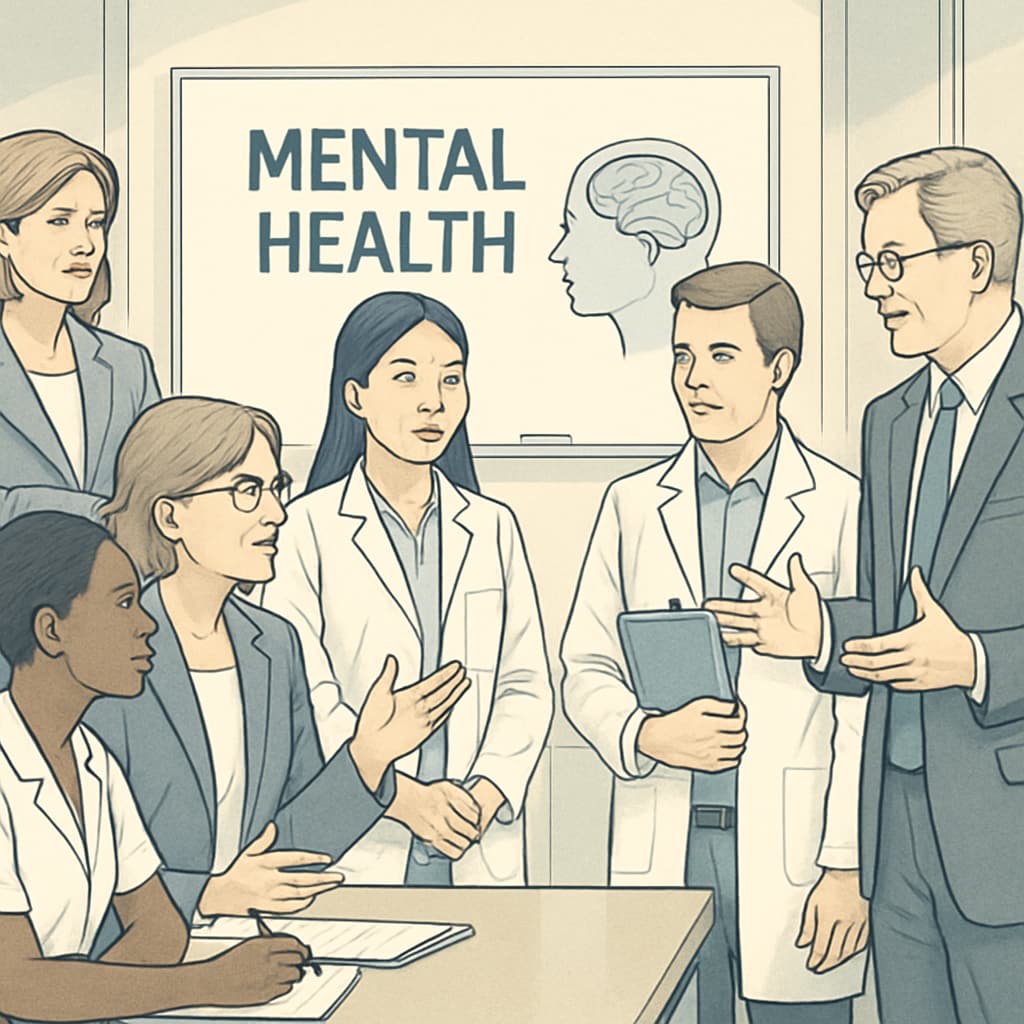 A group of medical students having a collaborative discussion with school administrators about a mental health lecture. Medical students discussing high school mental health lecture plans with school administrators.