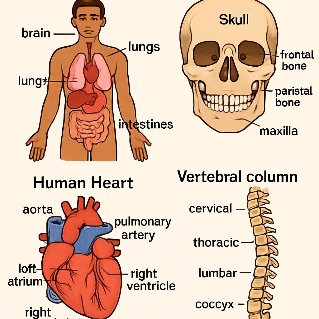 A visually engaging diagram illustrating human anatomy, designed for K12 learners to understand foundational concepts. Human anatomy diagram for K12 medical education resources