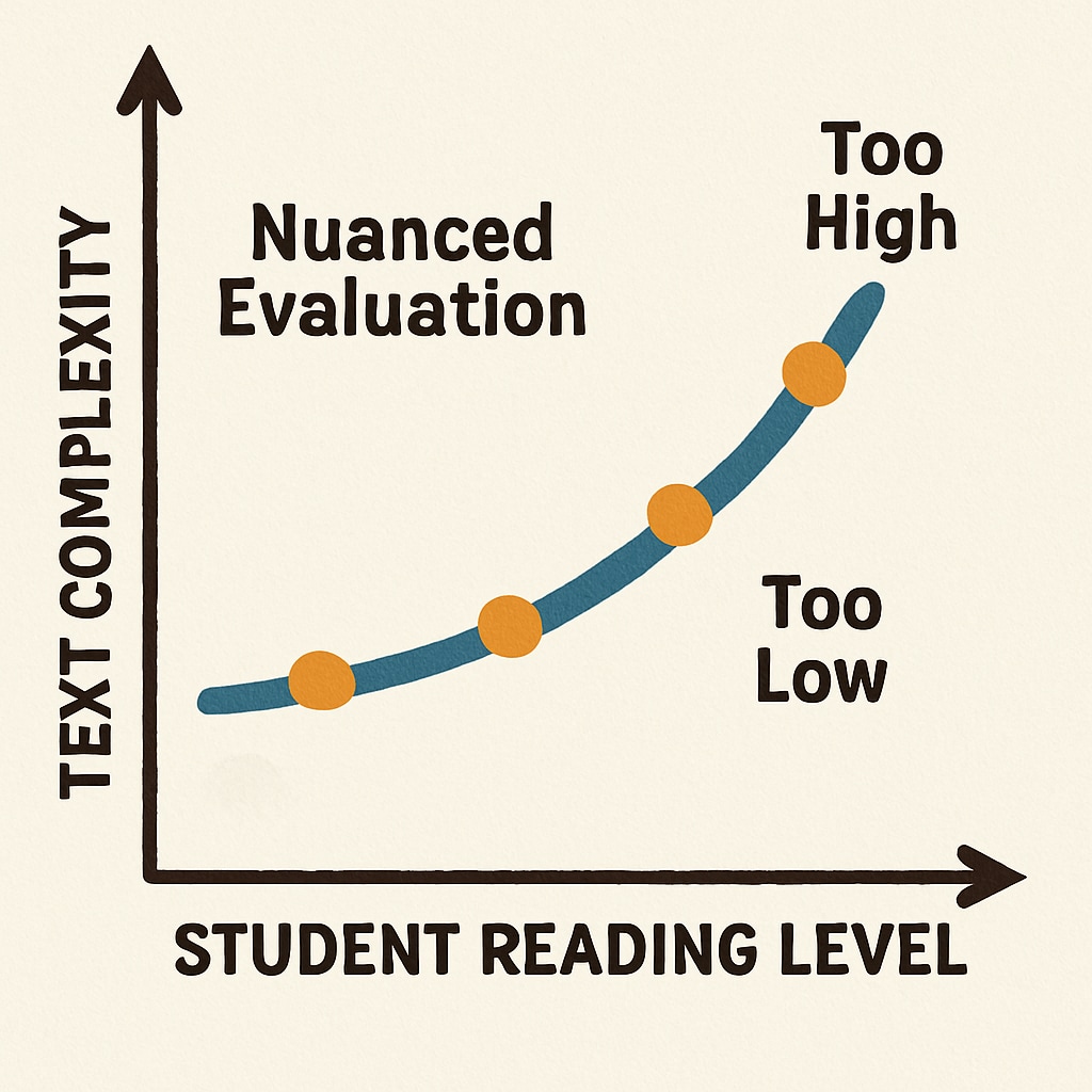 A graph showcasing the relationship between text complexity and student reading levels, emphasizing the importance of nuanced evaluation. A graph comparing text complexity factors with student reading outcomes.
