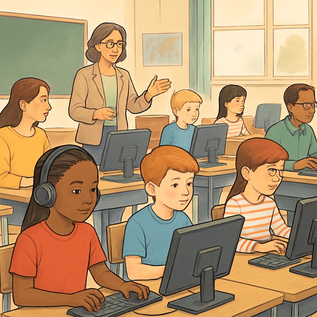 A classroom of students using computers for online learning, symbolizing the reliance on digital platforms in education. Classroom of students using computers for online learning, highlighting age verification concerns.