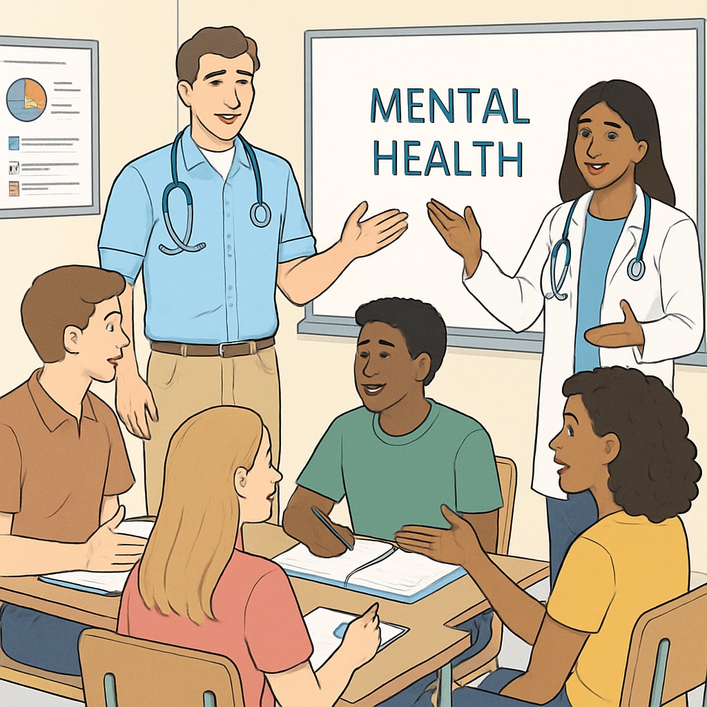 An illustration of high school students actively participating in a mental health workshop led by medical students. High school students engaging in mental health workshop activities led by medical students.
