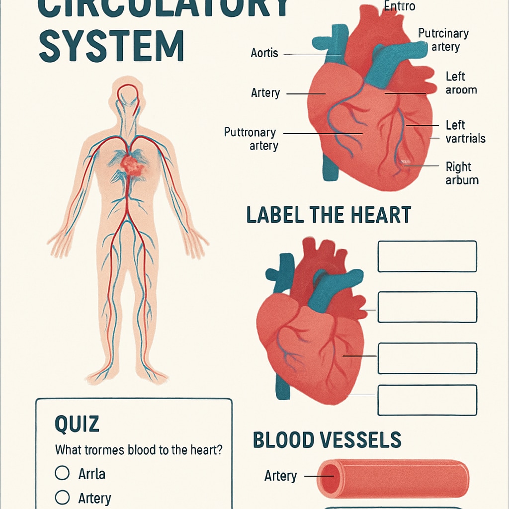 An interactive virtual learning module screenshot showcasing the circulatory system, complete with labeled diagrams and quizzes. Interactive module for circulatory system learning in K12 medical education