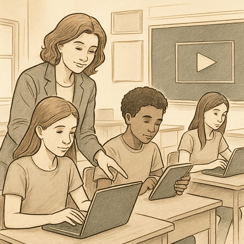 A teacher assisting students with digital learning tools, representing the importance of accessible online education. Teacher assisting students with digital tools, illustrating challenges in website access.