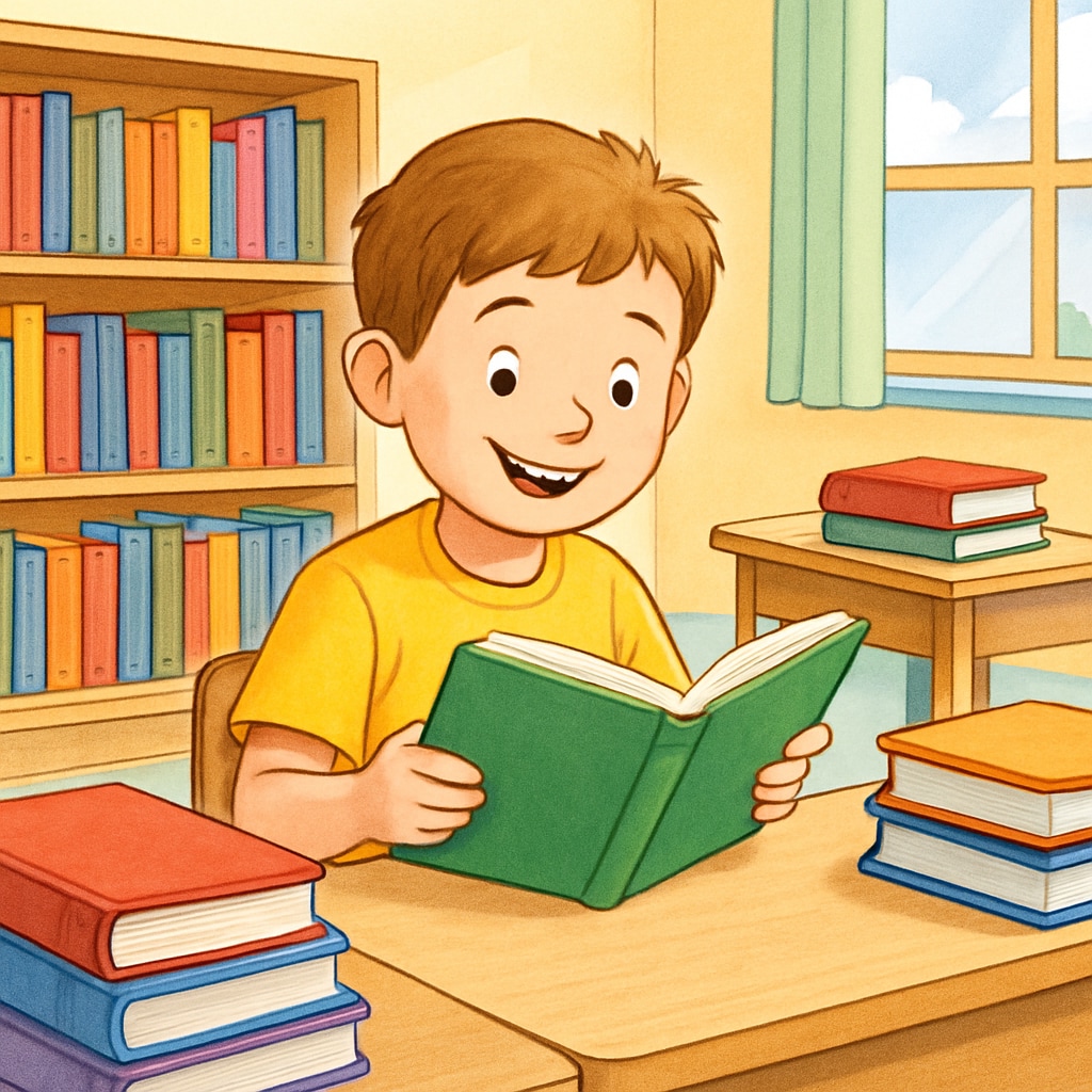 An elementary school child reading a book with a smile, surrounded by colorful books in a classroom setting. Child reading a book with colorful classroom books highlighting reading interest.