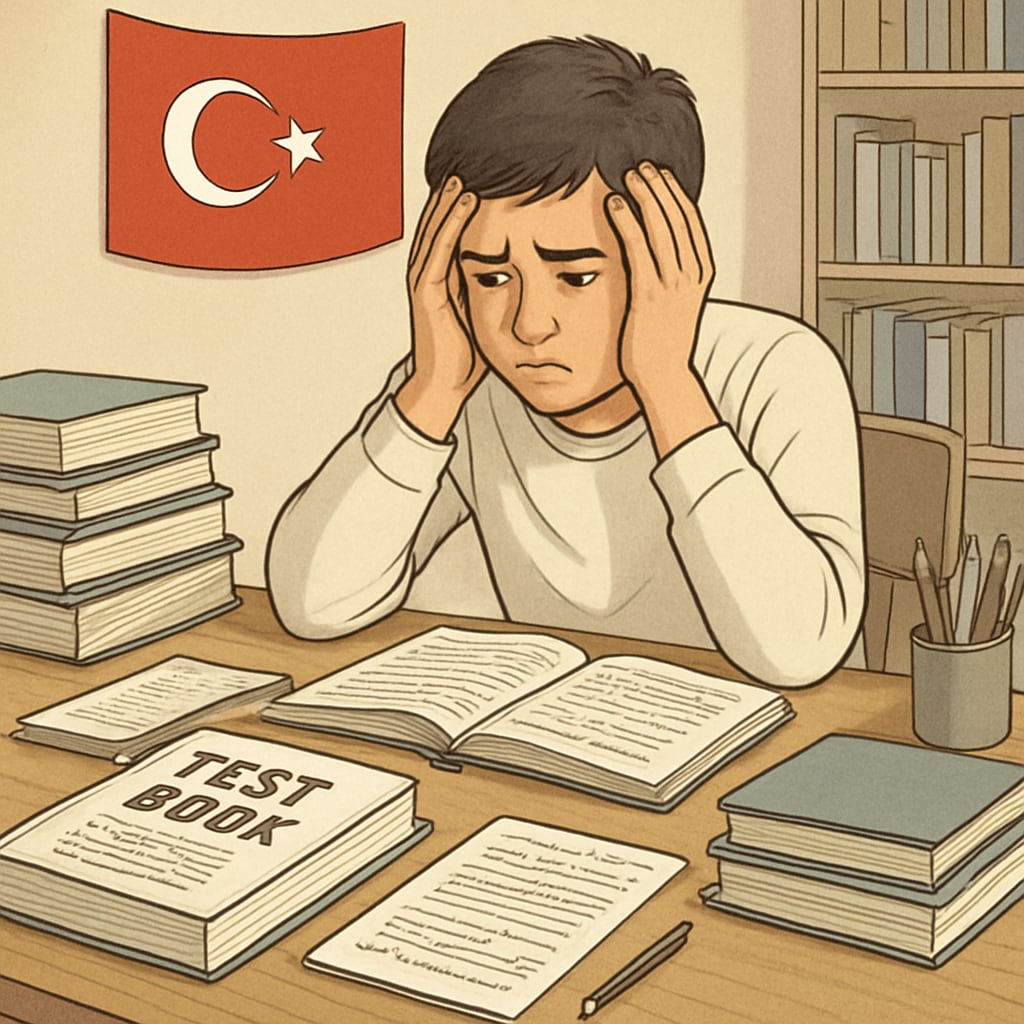 A Turkish student studying for exams under pressure, representing exam-driven education.