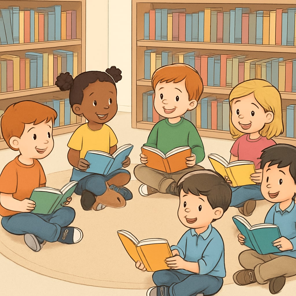 A group of kids participating in a library reading activity, sitting in a circle with books in hand. Children engaged in a fun library reading activity, enhancing reading comprehension.