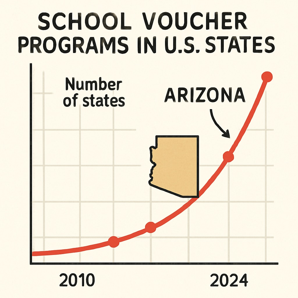 A graph showing the increase in school voucher program adoption across U.S. states, highlighting Arizona as a leading example. Graph displaying trends in school voucher adoption, with Arizona as a key focus.