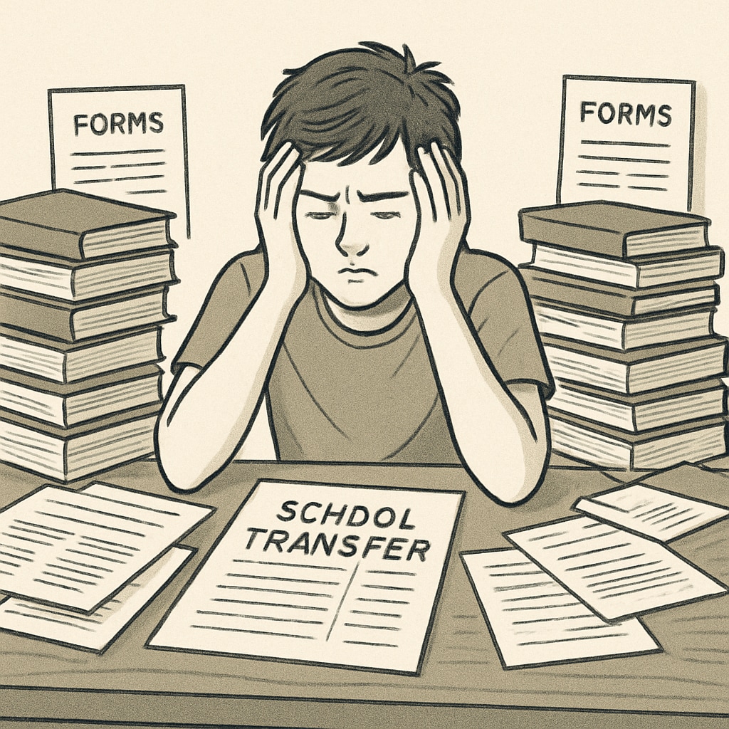 A frustrated teenager sitting at a desk with school papers, symbolizing the challenges of navigating UK school transfer bureaucracy. Teenager struggling with school transfer paperwork in the UK.
