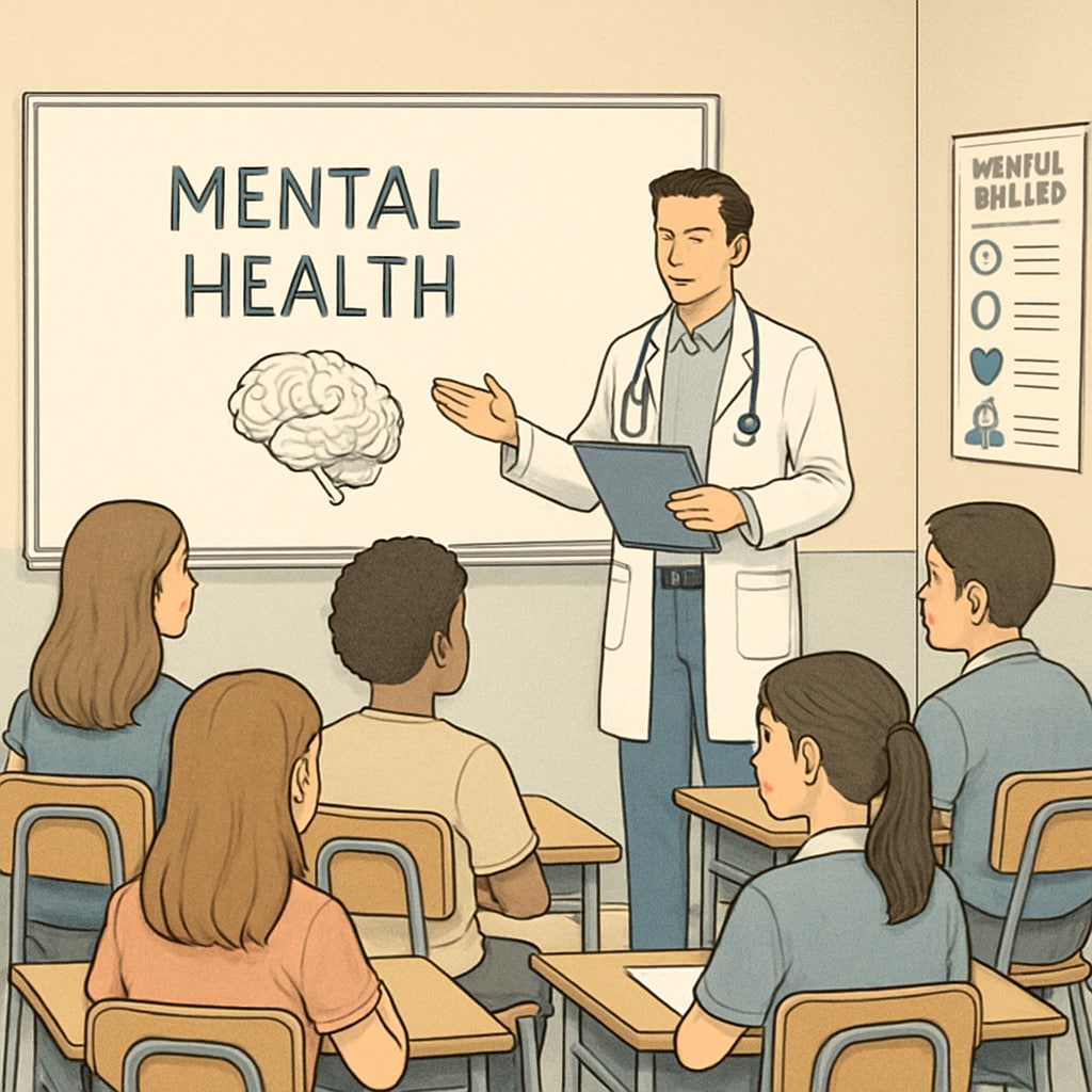 A group of high school students listening attentively during a mental health talk conducted by a medical student. High school students attending a mental health talk by a medical student.