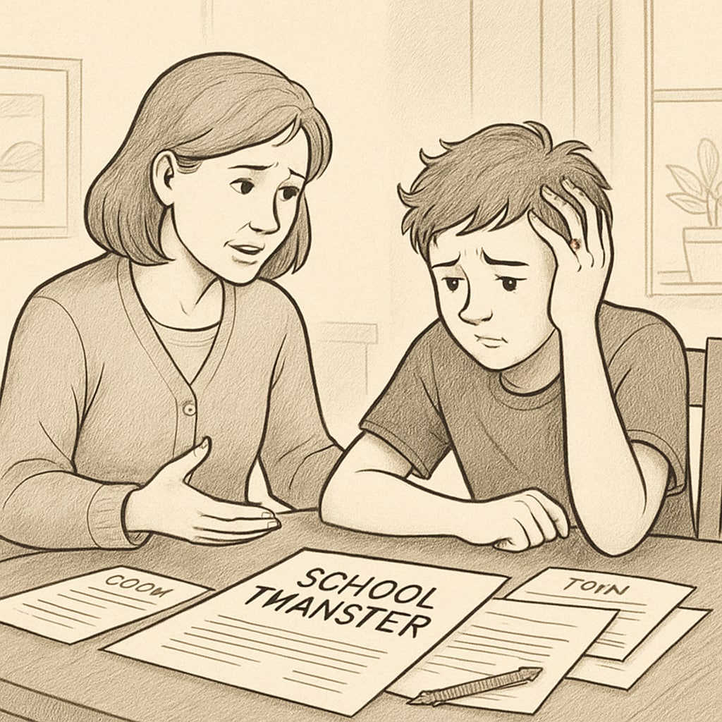 A concerned parent discussing school transfer paperwork with an overwhelmed child, emphasizing the emotional toll of the process. Parent and child managing the stress of school transfer delays in the UK.