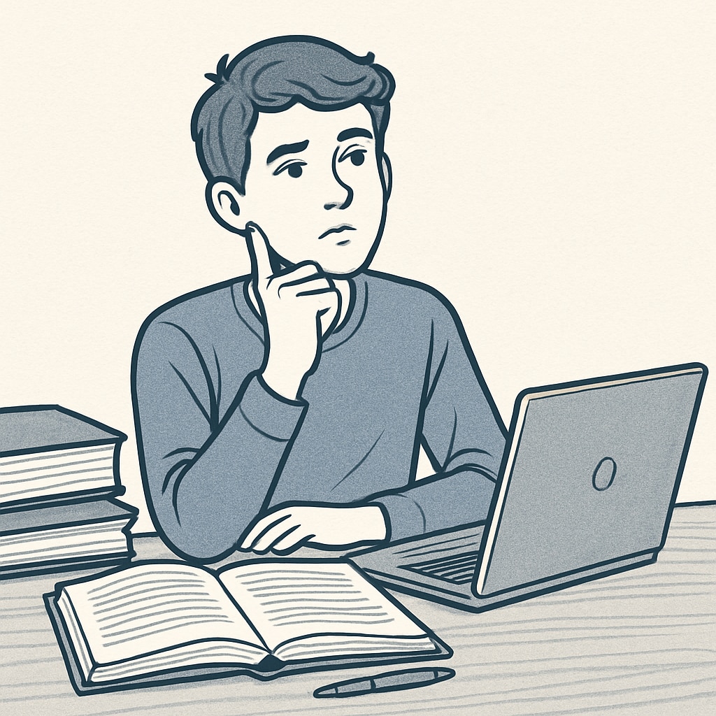A teenager sitting at a desk with books and a laptop, looking thoughtful. Teenager reflecting on academic challenges and strategies for improvement.