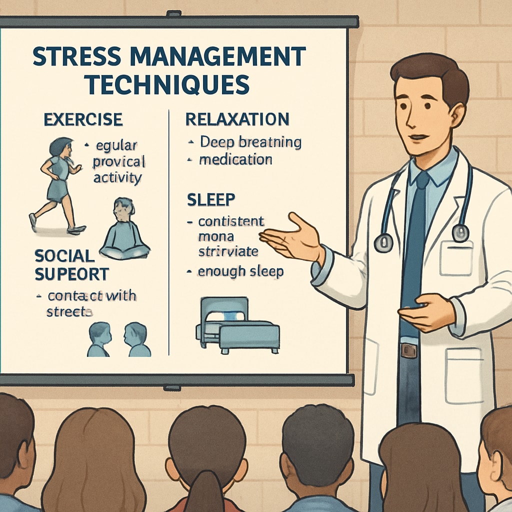 A medical student presenting a slide on stress management techniques during a school assembly. Medical student explaining stress management techniques in a mental health talk.