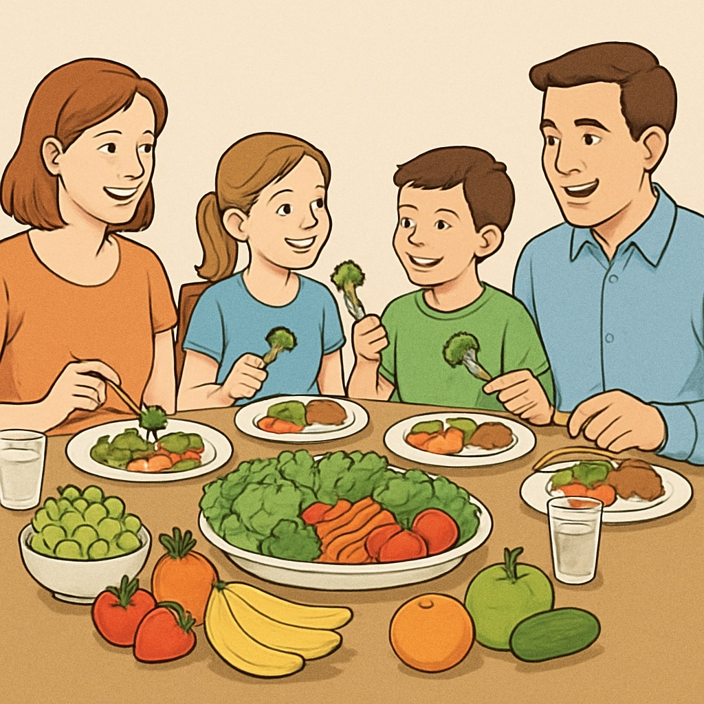 A family enjoying a healthy meal together, with fruits and vegetables on the table. Family promoting healthy habits through balanced meals and bonding.