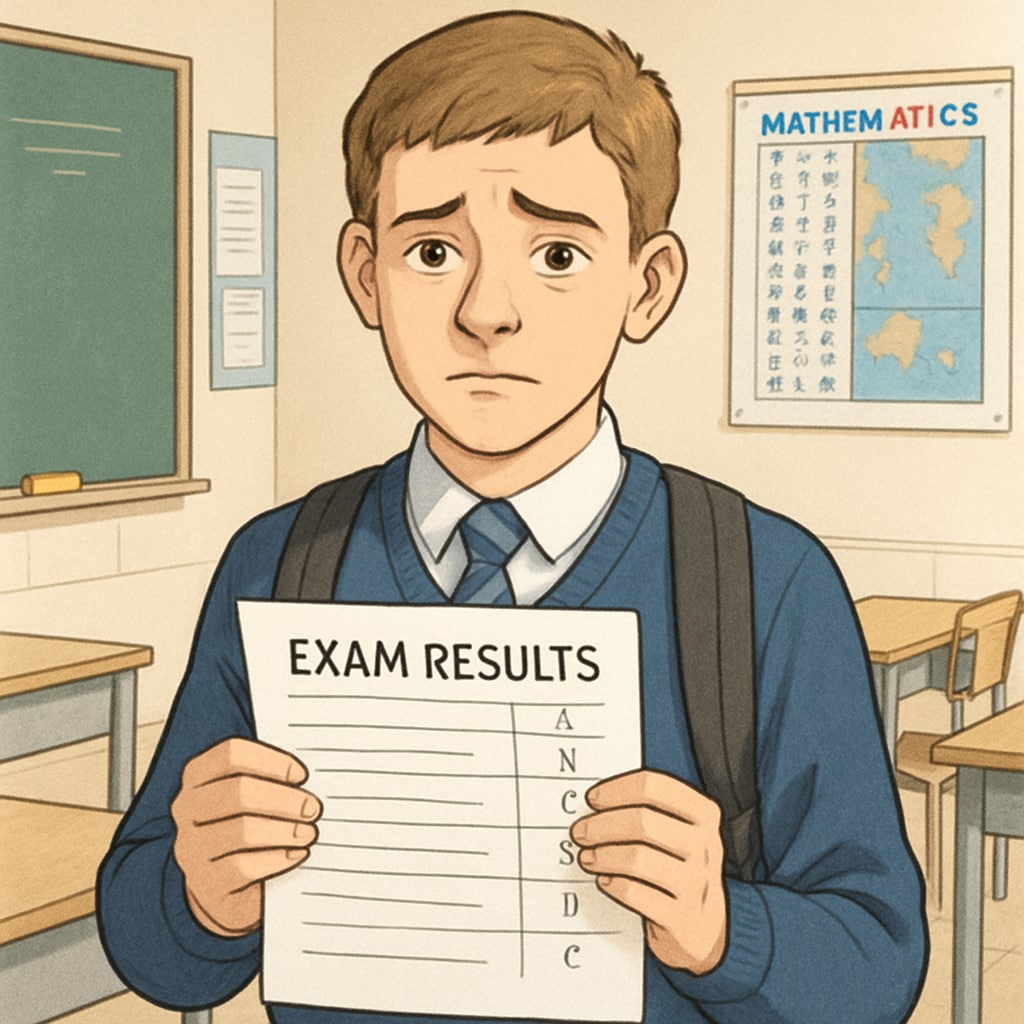 A student looking at their GCSE results with mixed emotions, symbolizing both hope and concern. GCSE results and student emotions.