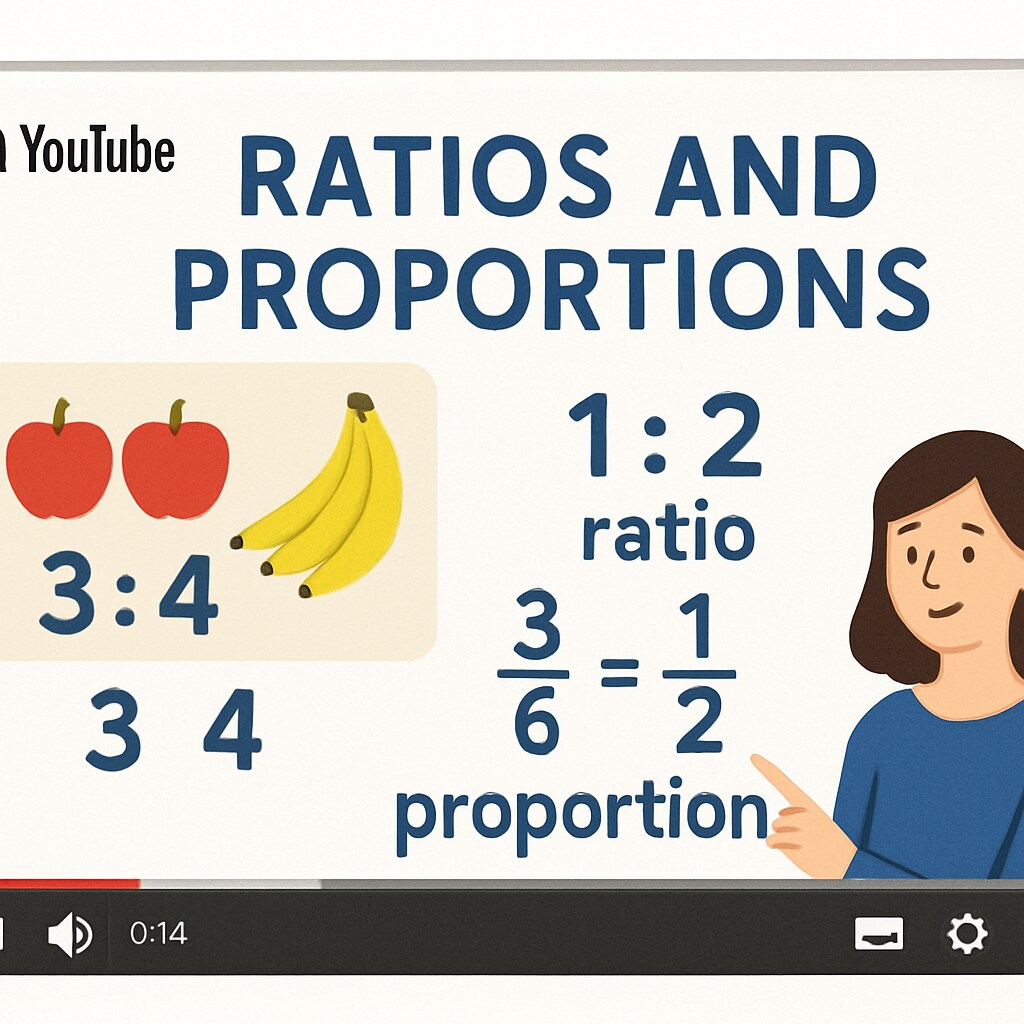A screenshot of a YouTube tutorial explaining the concept of ratios and proportions in a beginner-friendly manner. Beginner-friendly YouTube tutorial on ratios and proportions for mathematics skill tests.