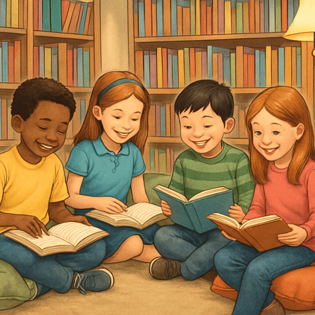 A group of elementary school children reading books together in a cozy library corner. Elementary school children reading books for comprehension and fun.