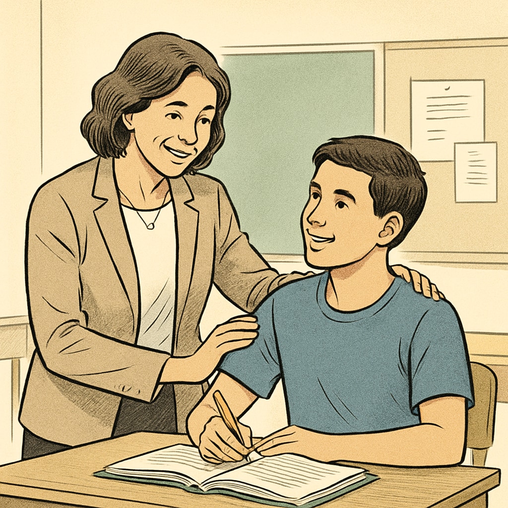 A teacher mentoring a student, reinforcing the idea of support beyond academic results. Teacher mentoring student about GCSE results.