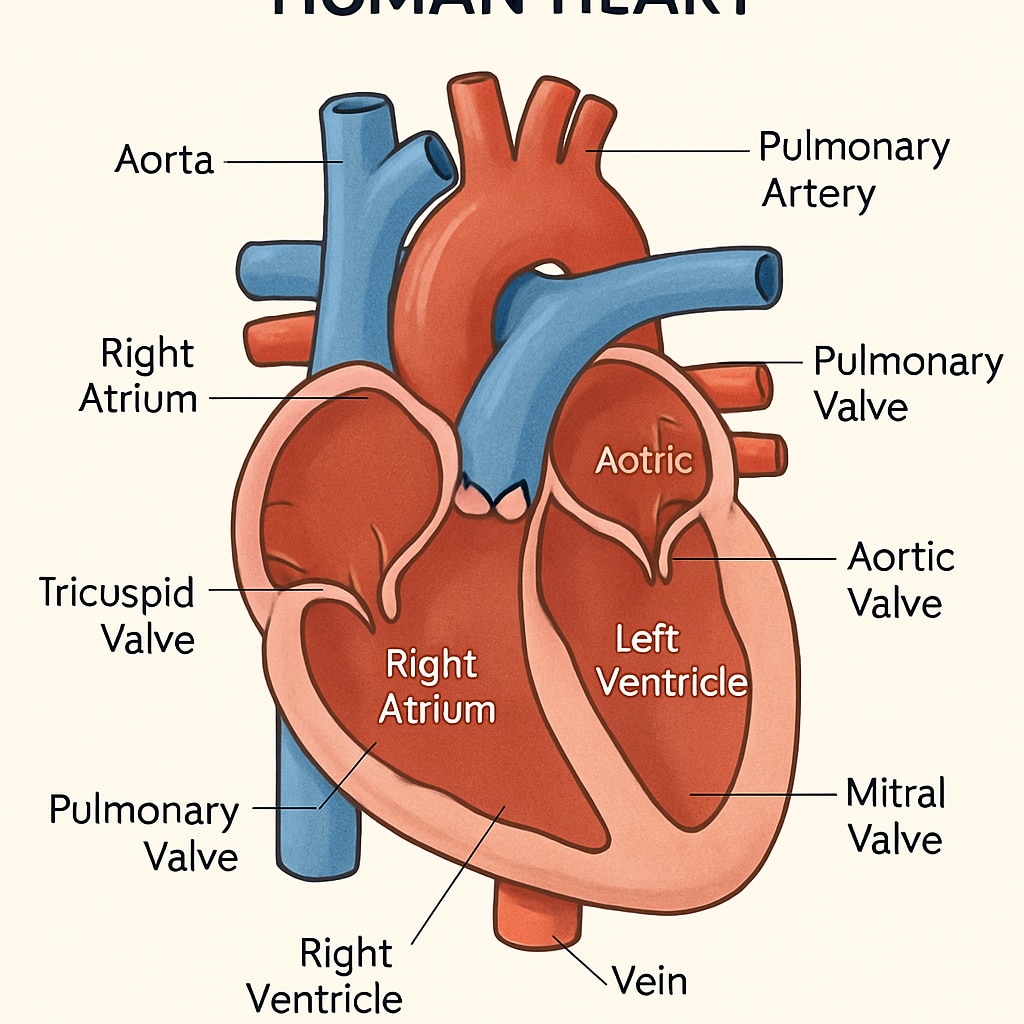 An educational diagram illustrating the human heart, showing its anatomy and function. Suitable for K-12 students. Diagram of the human heart for K-12 medical education.
