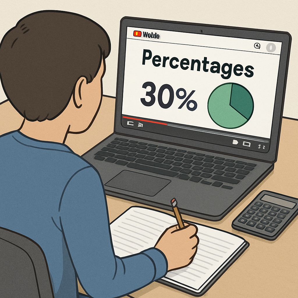 A close-up of a learner watching a YouTube video on percentages, with a notebook and calculator beside them. Learner watching a YouTube video on percentages for campus recruitment preparation.