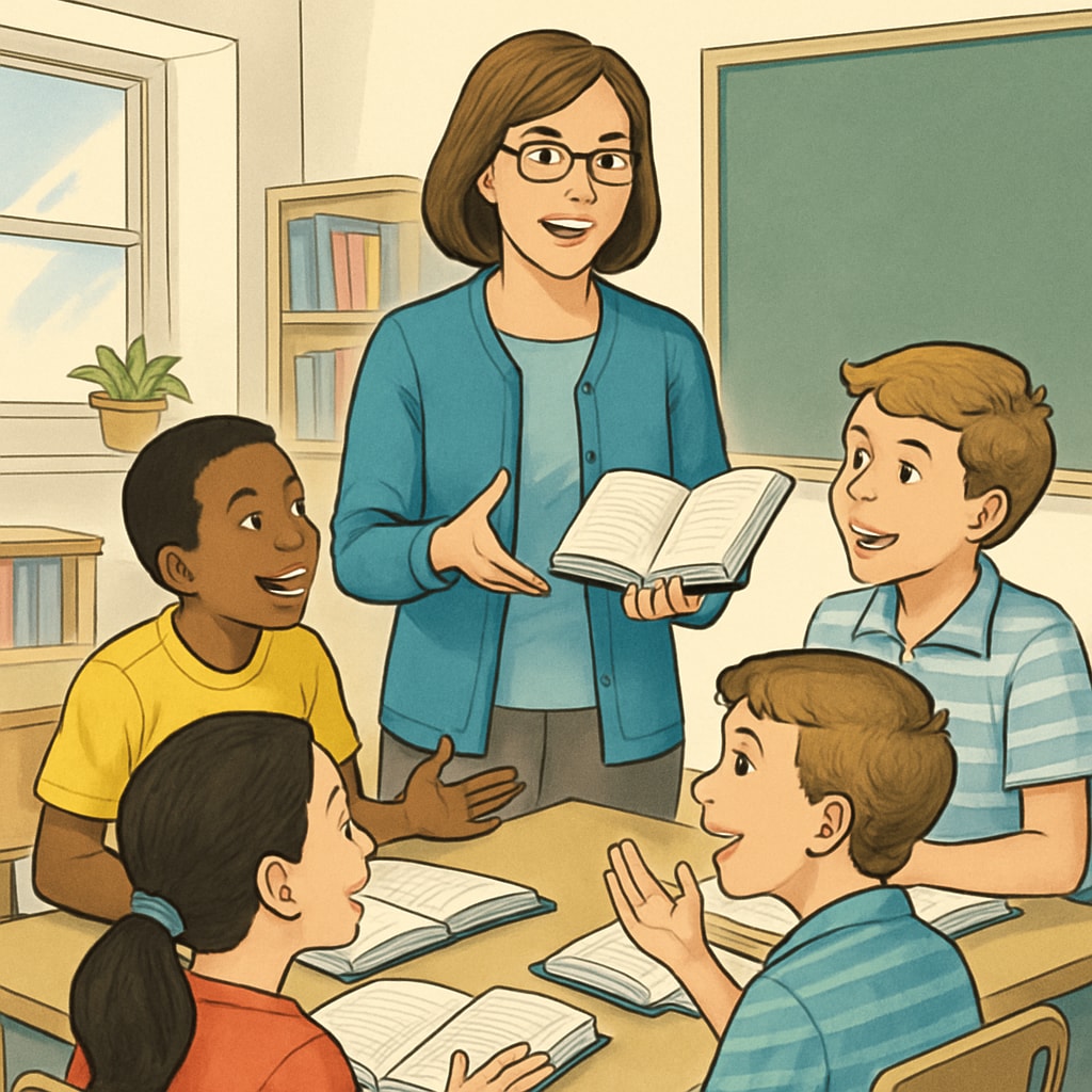 A teacher and a group of students engaged in a lively book discussion in a classroom setting. Classroom book discussion to support reading comprehension in elementary students.