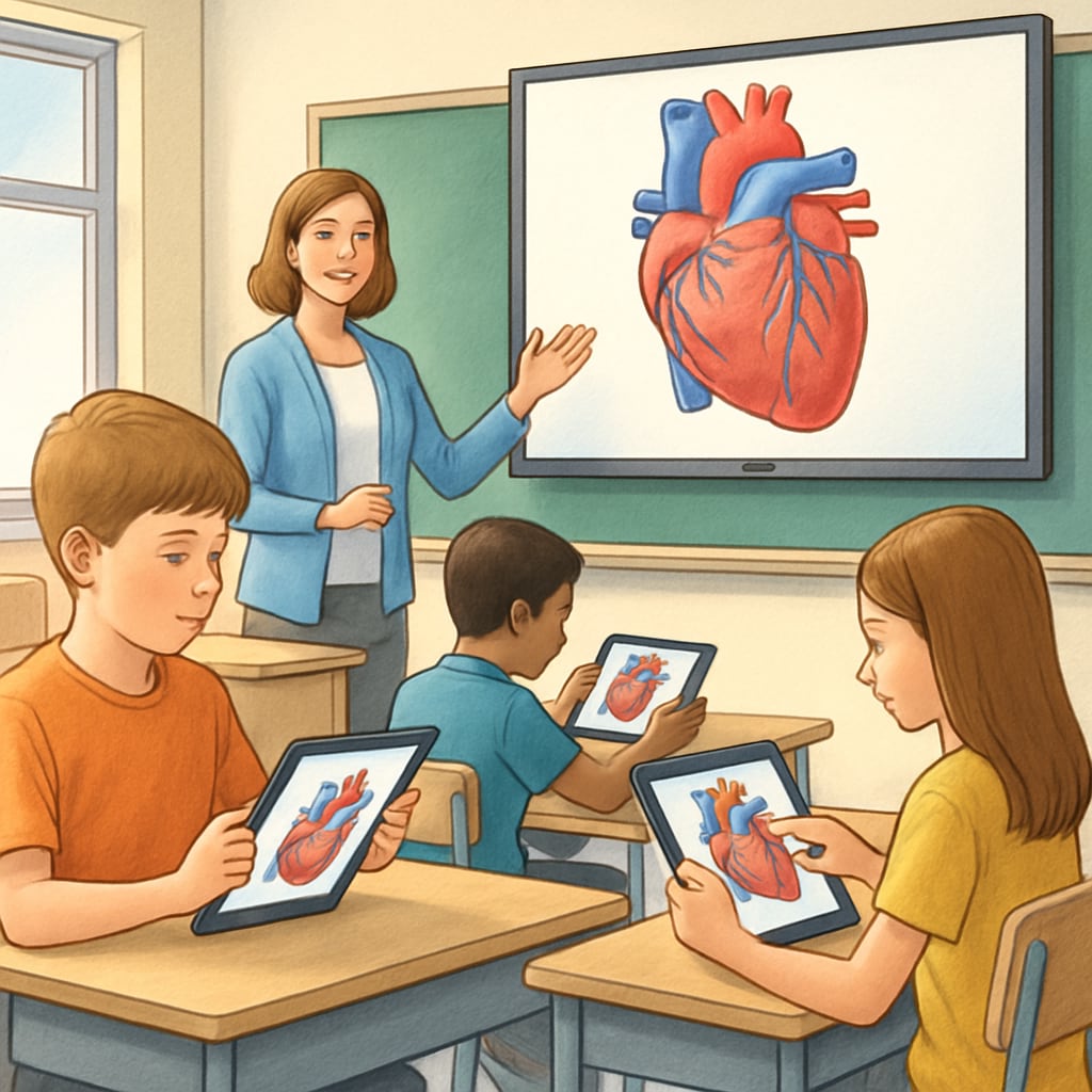A classroom scene where students explore a digital model of the human heart using tablets. Highlights interactive learning methods. Students learning about the human heart through digital tools in a classroom.