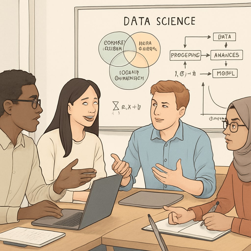 International students discussing data science and university applications.