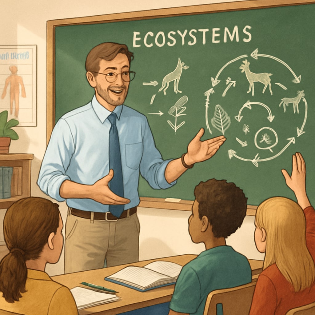 A biology teacher engaging students in a classroom discussion about ecosystems. Biology teacher in a classroom teaching students about ecosystems.