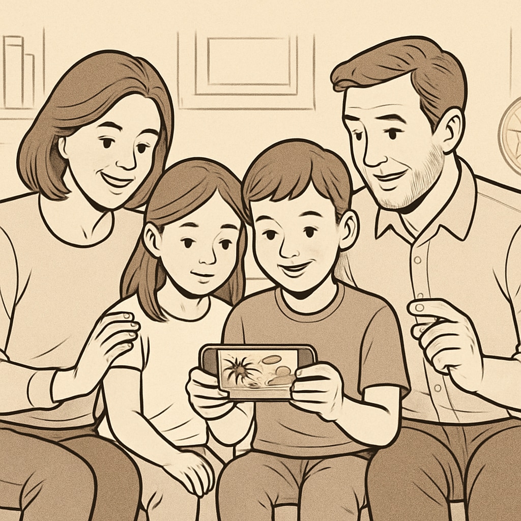 Family watching tourism short videos together on a smartphone.