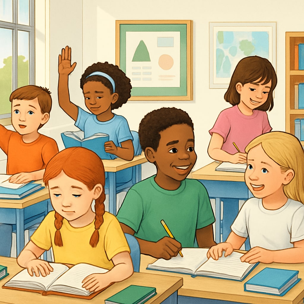 A group of students in a bright, modern classroom, symbolizing the importance of public education. Public school classroom with students and a teacher, representing education funding.