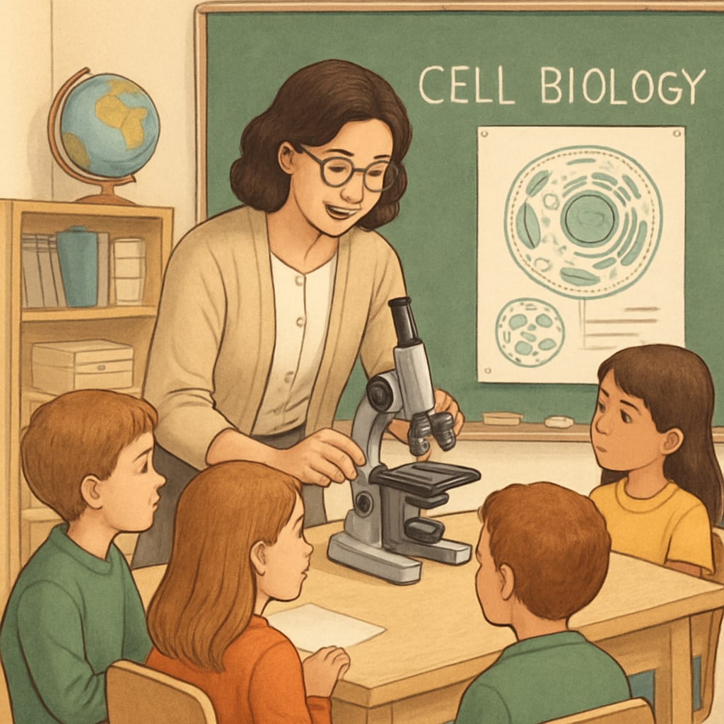 A teacher using a microscope in a classroom to teach children about cell biology. Classroom teacher demonstrating cell biology with a microscope.