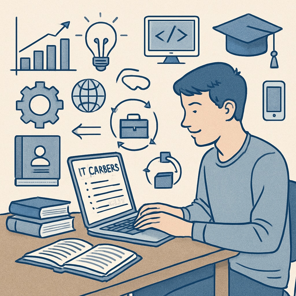 A high school student researching IT and technical careers using a laptop, symbolizing the importance of career planning. High school student exploring IT career options and university majors.