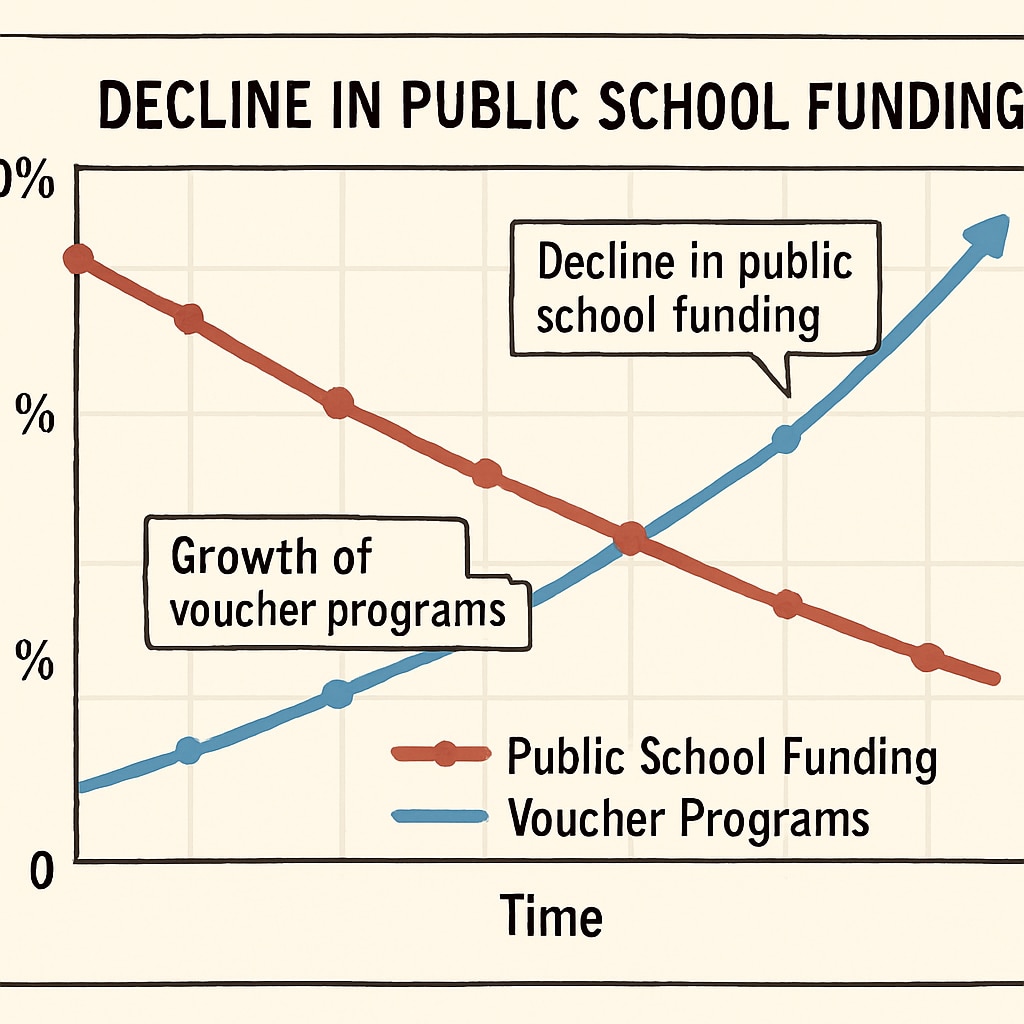A detailed chart showing the decline in public school funding as voucher programs expand. Chart illustrating the financial impact of school voucher programs on public schools.