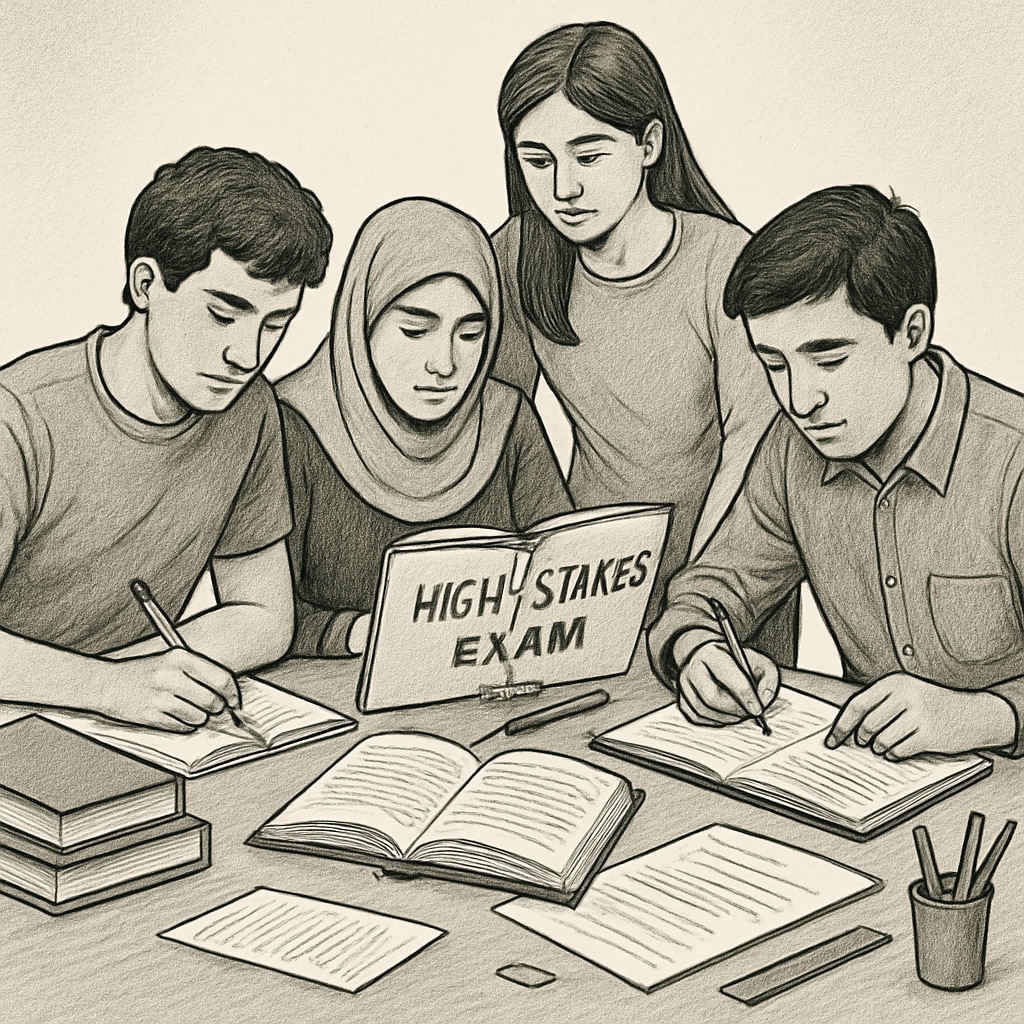 A group of Turkish students preparing for a high-stakes exam, with books and notes spread out on a table. Turkish students preparing for exams, reflecting the challenges of an exam-oriented education system.