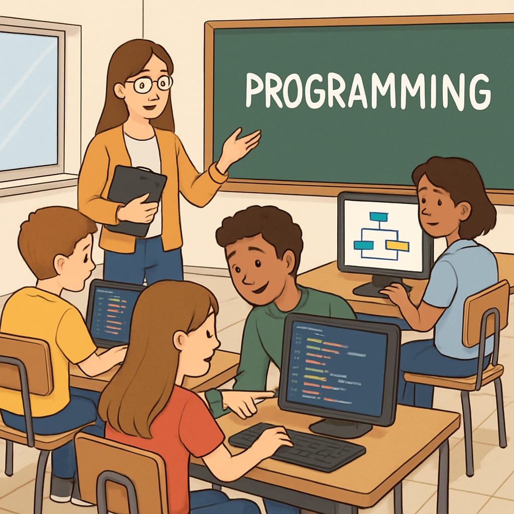 A classroom setting showing students working on programming projects, representing hands-on learning in IT fields. Students engaged in programming tasks as part of their technical education.