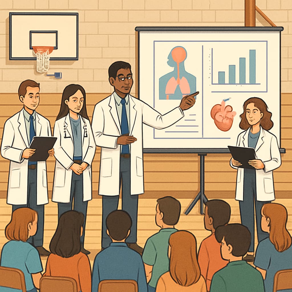 A group of medical students giving a presentation to attentive high school students in a gymnasium setting. Medical students hosting a mental health assembly for high school students.