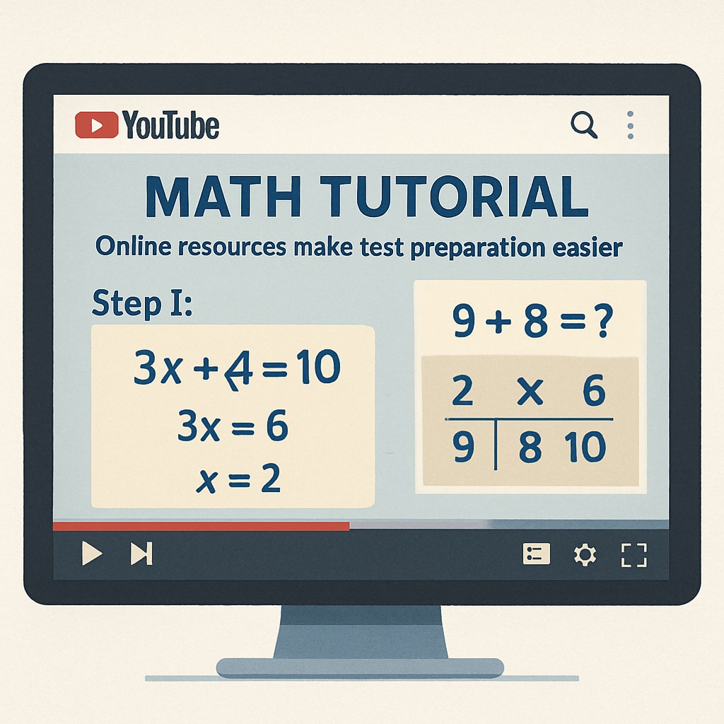 A computer screen displaying a YouTube video tutorial on mathematical skills, illustrating how online resources simplify test preparation. YouTube video tutorial on mathematical skills test preparation.