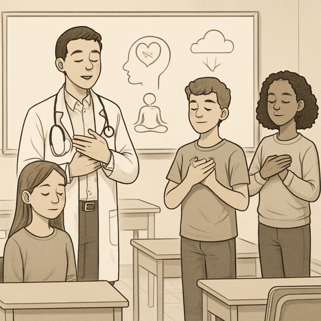 A medical student guiding high school students through a mindfulness exercise during a mental health workshop. High school students participating in a mindfulness activity during a mental health assembly.